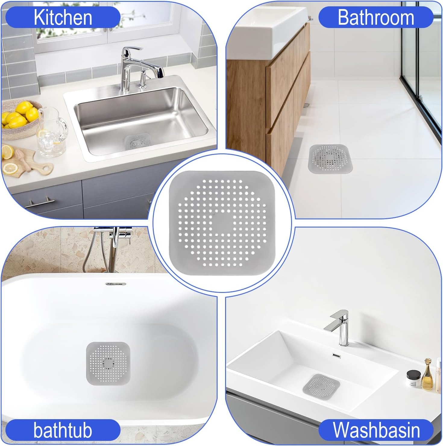 Bathtub Drain Hair Catcher 4 Pack, Silicone Stopper with Suction Cup
