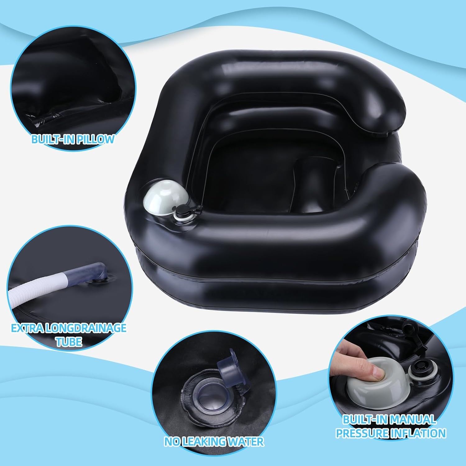 Upgraded Inflatable Hair Washing Basin with Built-In Manual Pressure Inflation, Portable Shampoo Bowl Sink for Hair Washing Station & Elderly, Disabled, Bedridden
